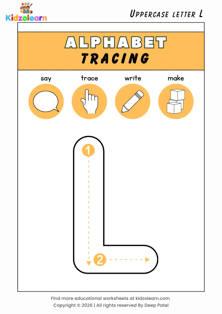Free uppercase letter L tracing worksheet for kids – printable PDF with say, trace, write and make activities and numbered dotted stroke guidelines