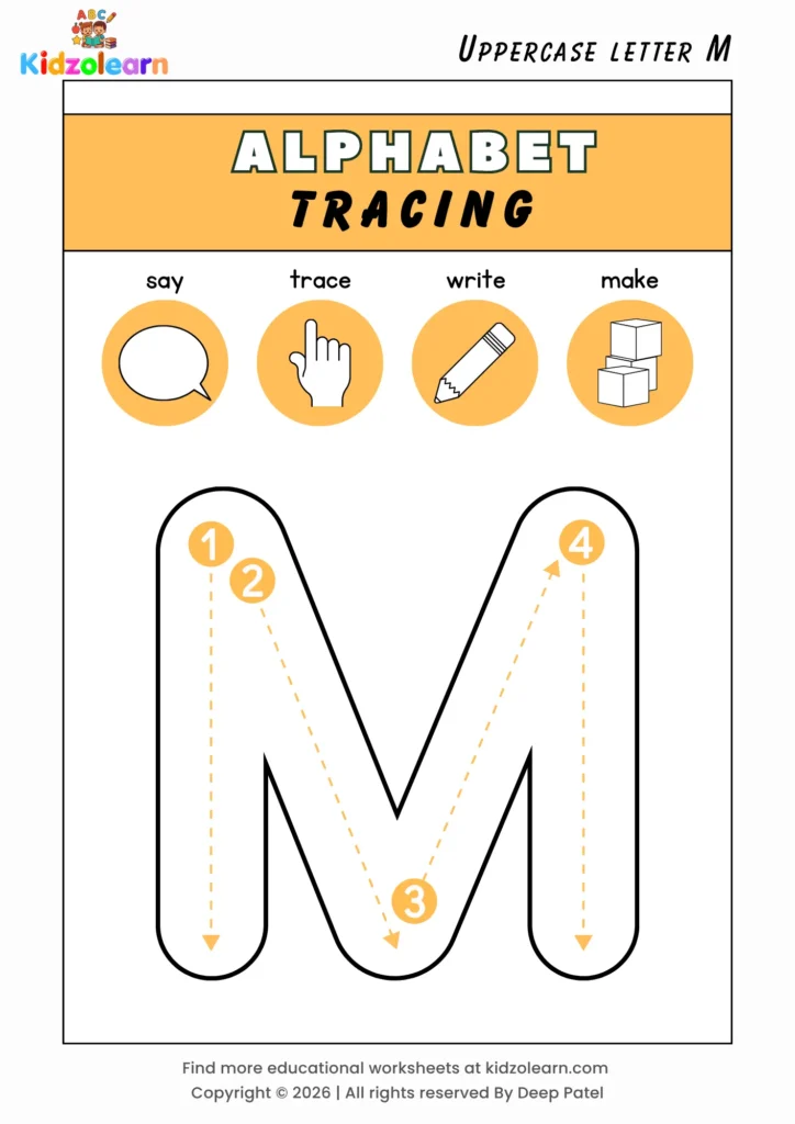 Free uppercase letter M tracing worksheet for kids – printable PDF with say, trace, write and make activities and numbered dotted stroke guidelines
