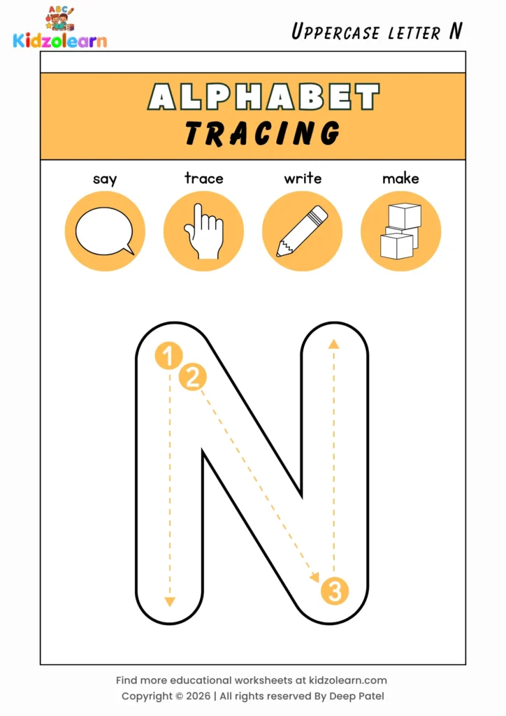 Free uppercase letter N tracing worksheet for kids – printable PDF with say, trace, write and make activities and numbered dotted stroke guidelines
