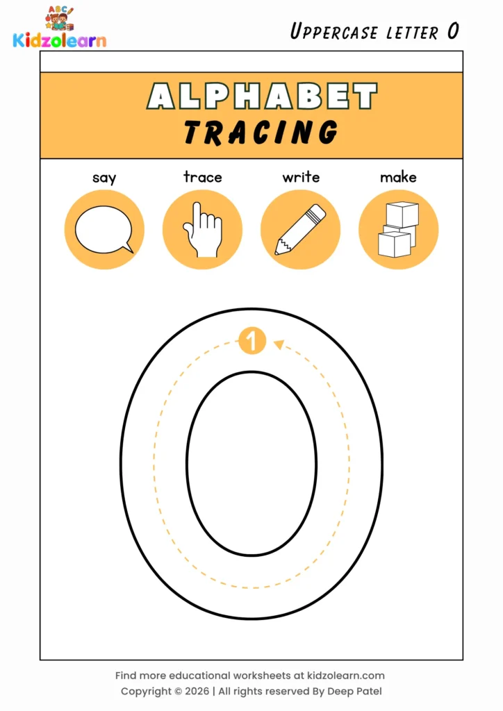 Free uppercase letter O tracing worksheet for kids – printable PDF with say, trace, write and make activities and numbered dotted stroke guidelines