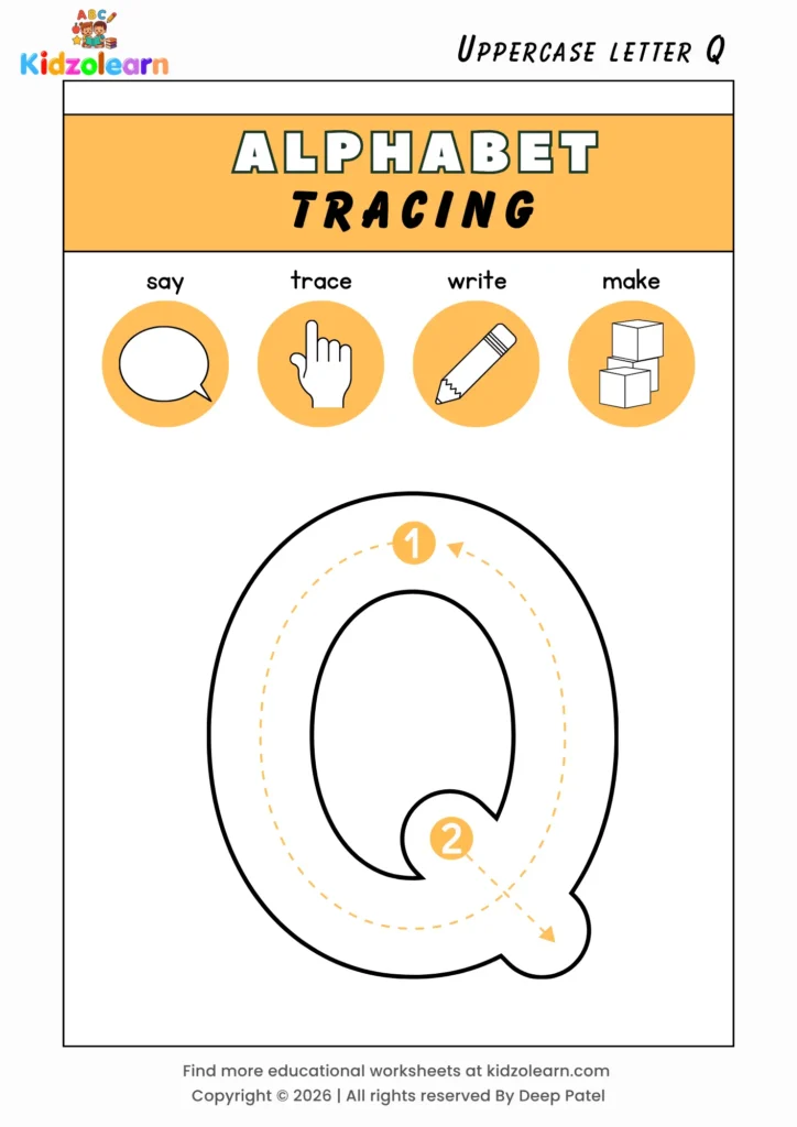 Free uppercase letter Q tracing worksheet for kids – printable PDF with say, trace, write and make activities and numbered dotted stroke guidelines