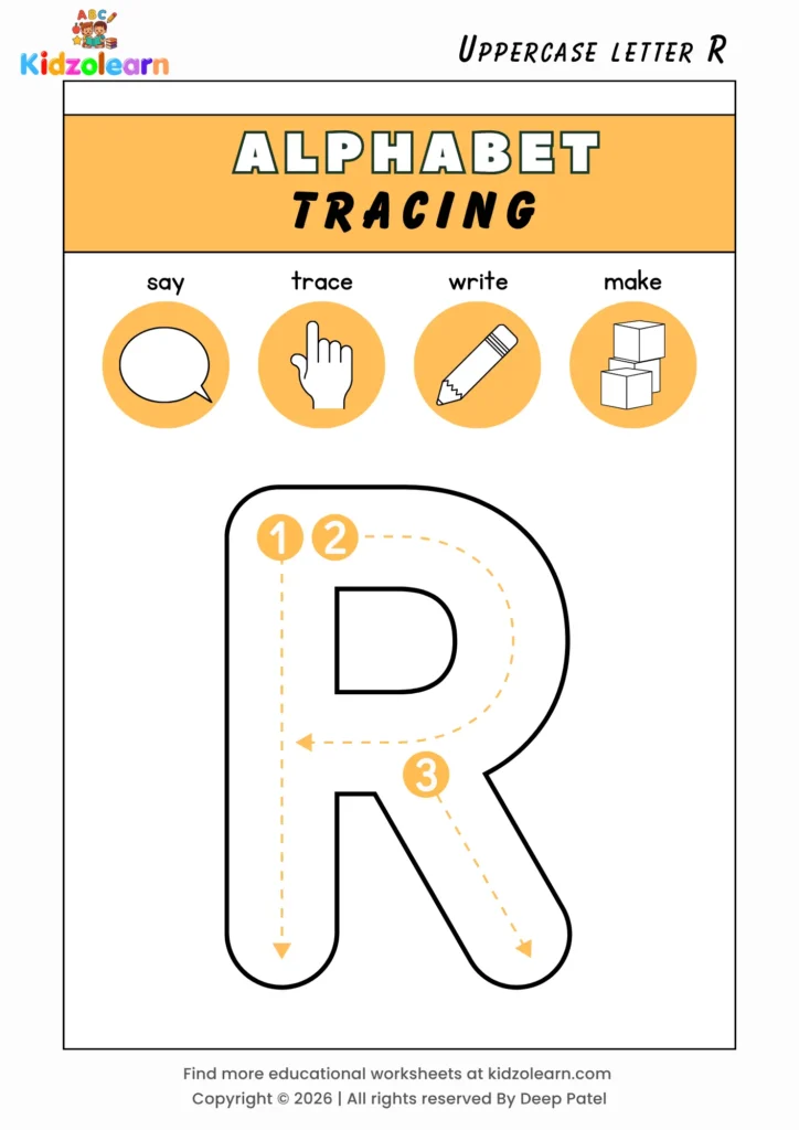 Free uppercase letter R tracing worksheet for kids – printable PDF with say, trace, write and make activities and numbered dotted stroke guidelines