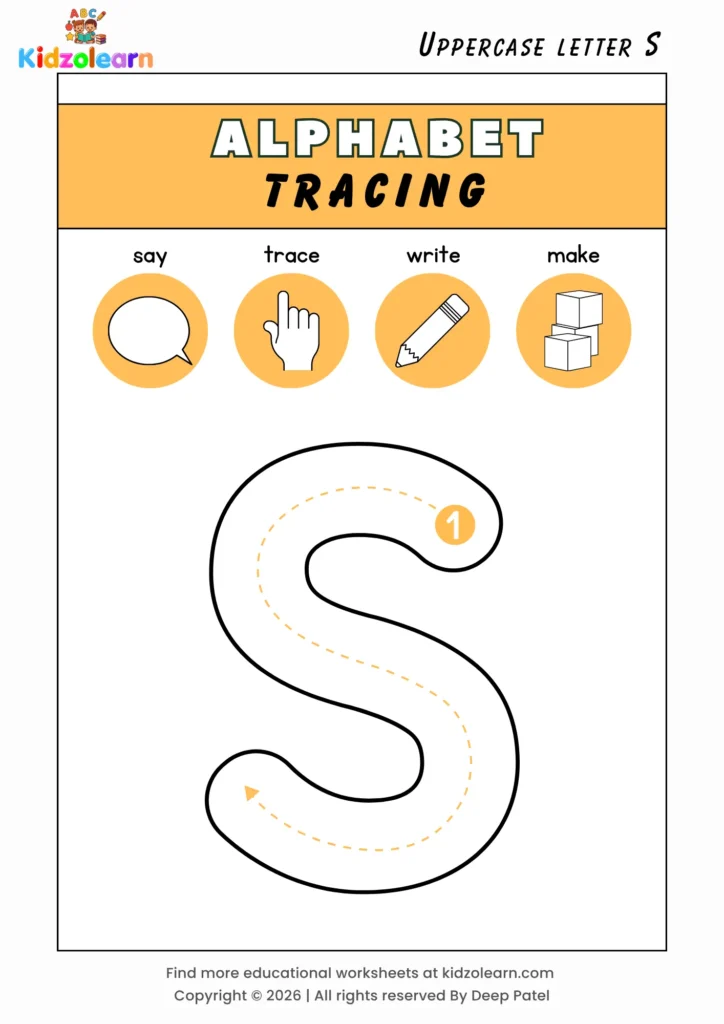 Free uppercase letter S tracing worksheet for kids – printable PDF with say, trace, write and make activities and numbered dotted stroke guidelines