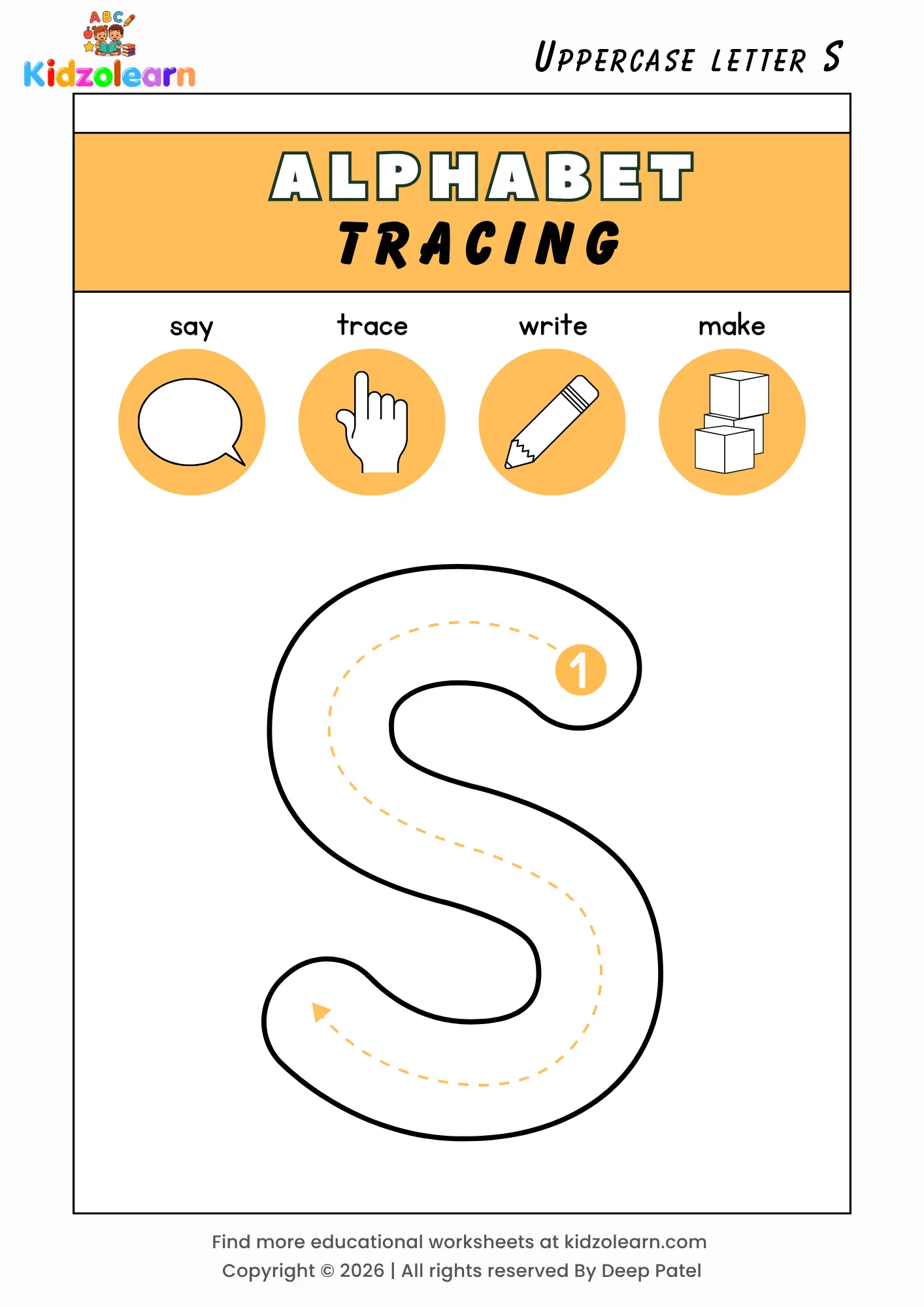 Free uppercase letter S tracing worksheet for kids – printable PDF with say, trace, write and make activities and numbered dotted stroke guidelines