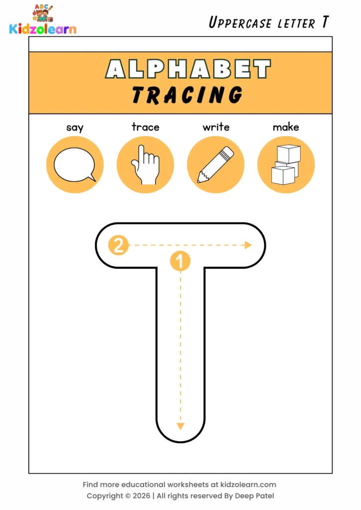 Free uppercase letter T tracing worksheet for kids – printable PDF with say, trace, write and make activities and numbered dotted stroke guidelines