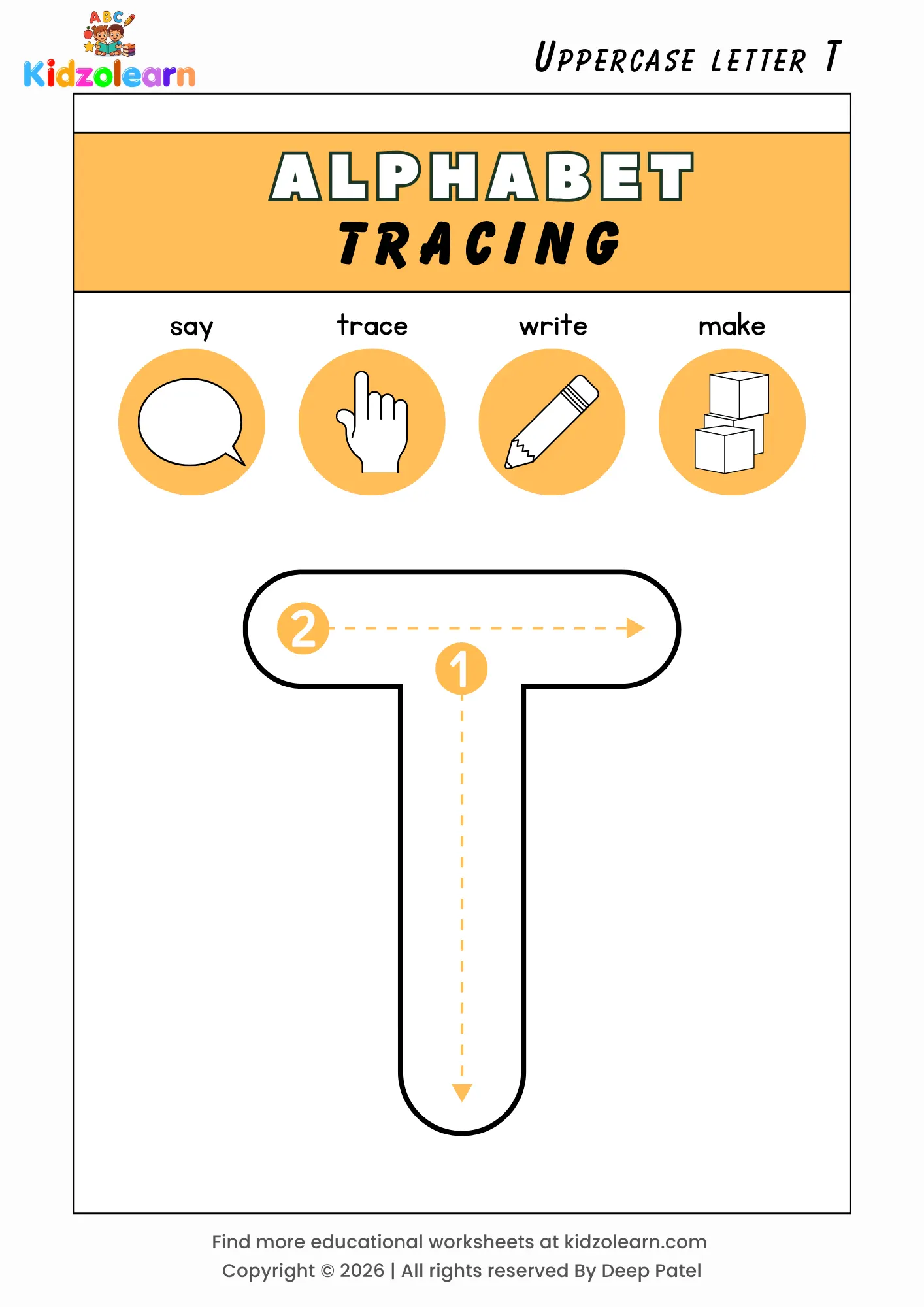 Free uppercase letter T tracing worksheet for kids – printable PDF with say, trace, write and make activities and numbered dotted stroke guidelines