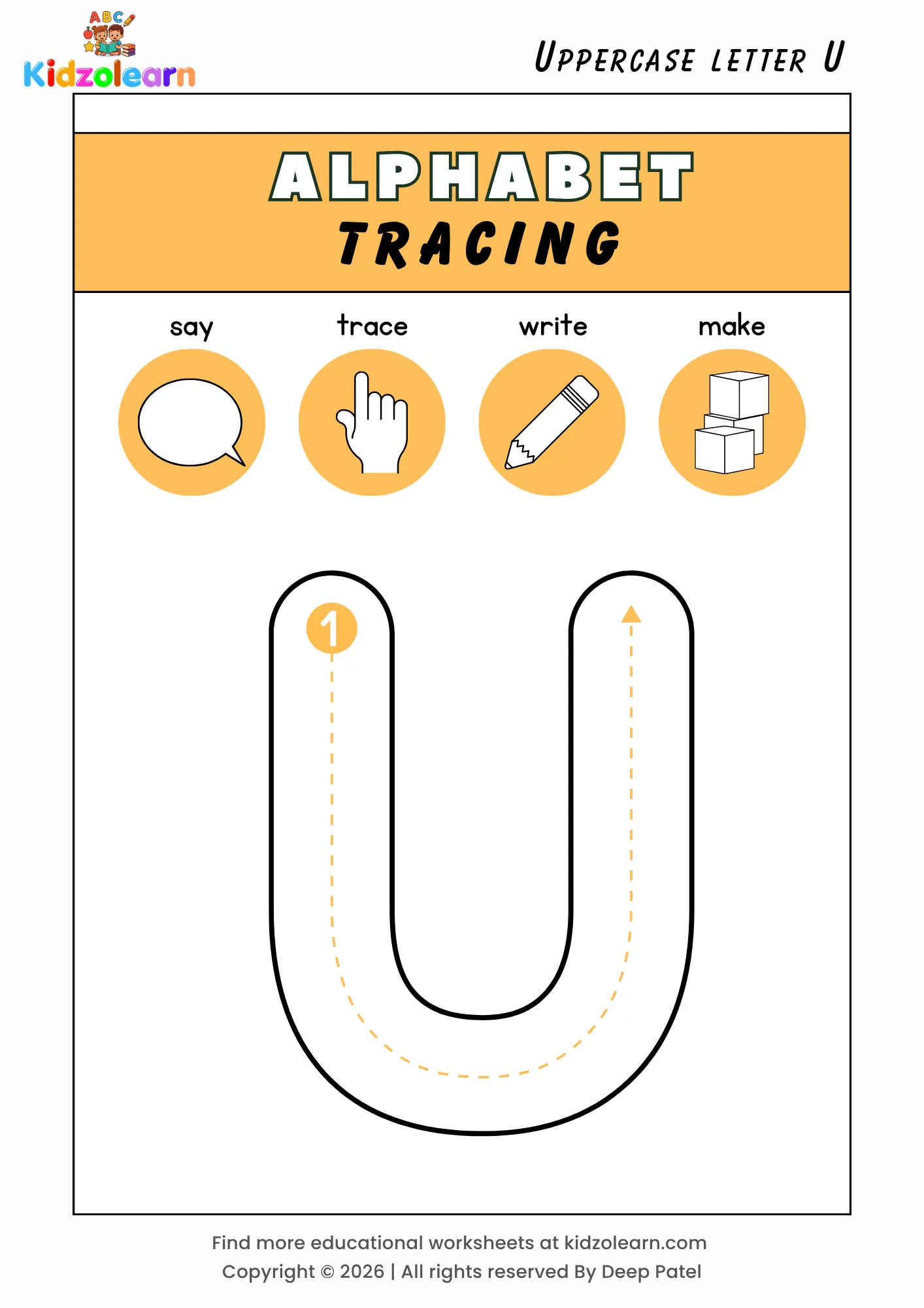 Free uppercase letter U tracing worksheet for kids – printable PDF with say, trace, write and make activities and numbered dotted stroke guidelines