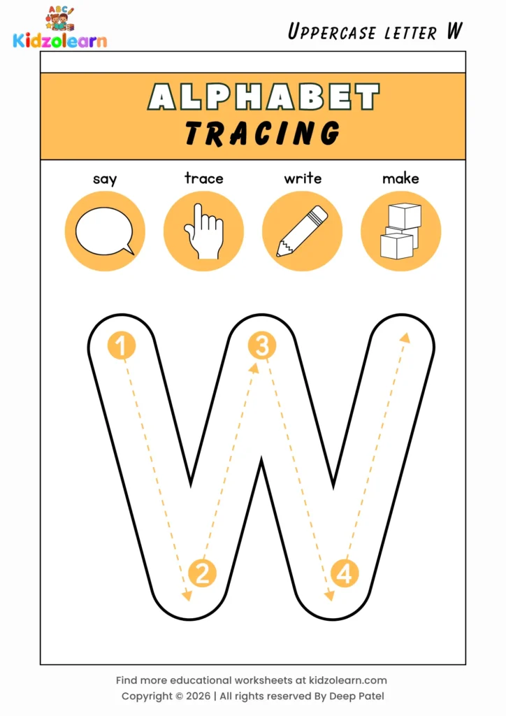 Free uppercase letter W tracing worksheet for kids – printable PDF with say, trace, write and make activities and numbered dotted stroke guidelines