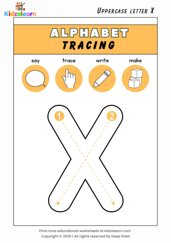Free uppercase letter X tracing worksheet for kids – printable PDF with say, trace, write and make activities and numbered dotted stroke guidelines