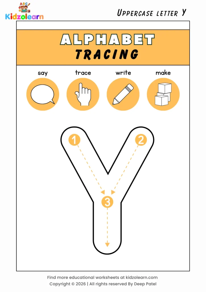 Free uppercase letter Y tracing worksheet for kids – printable PDF with say, trace, write and make activities and numbered dotted stroke guidelines