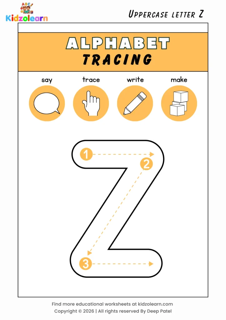 Free uppercase letter Z tracing worksheet for kids – printable PDF with say, trace, write and make activities and numbered dotted stroke guidelines