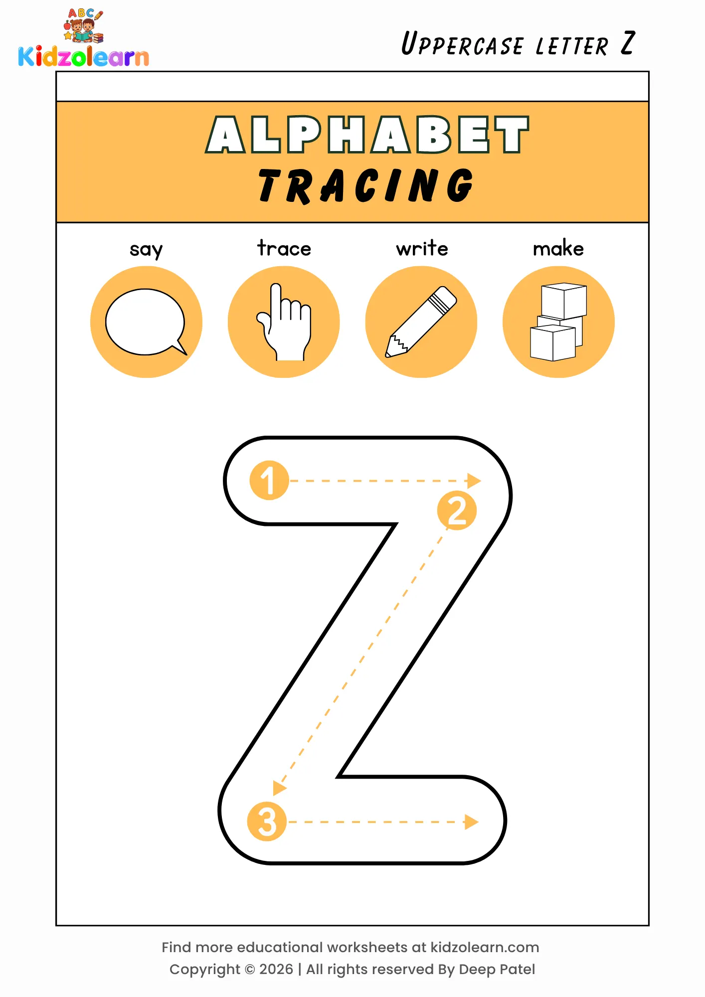 Free uppercase letter Z tracing worksheet for kids – printable PDF with say, trace, write and make activities and numbered dotted stroke guidelines