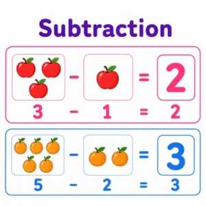 Free subtraction worksheets for kids — picture subtraction take-away equations and differences to 10 from Kidzolearn