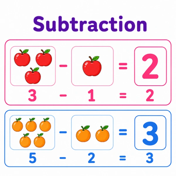 Free subtraction worksheets for kids — picture subtraction take-away equations and differences to 10 from Kidzolearn