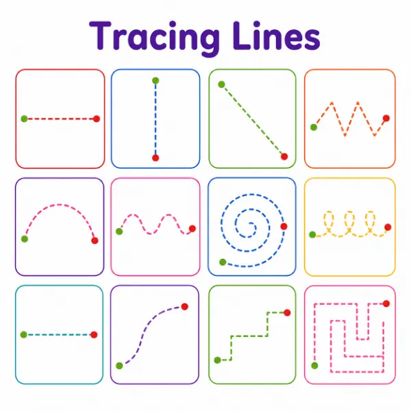Free tracing lines worksheets for preschool — straight curved wavy and zigzag line tracing from Kidzolearn
