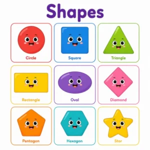 Free shapes worksheets for kids featuring cute circle, square, triangle, rectangle, oval, diamond, pentagon, hexagon, and star shapes for preschool and kindergarten learning.