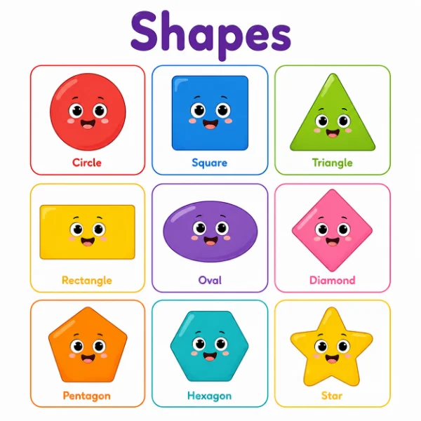 Free shapes worksheets for kids featuring cute circle, square, triangle, rectangle, oval, diamond, pentagon, hexagon, and star shapes for preschool and kindergarten learning.