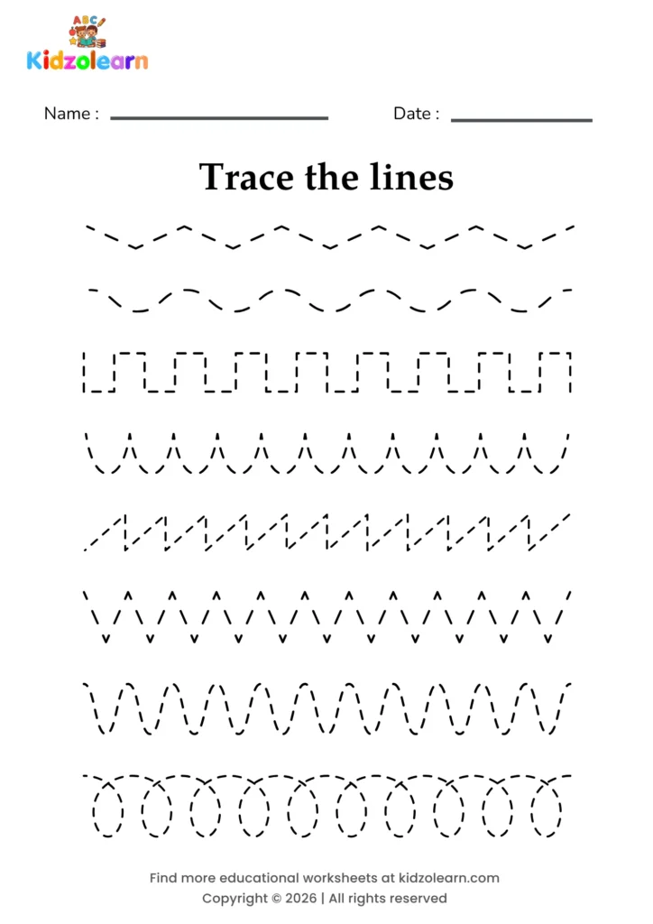 Free straight & curved line tracing worksheet for kids – printable PDF with four clearly labelled practice boxes — Horizontal Line, Diagonal Line, Curved Line and Straight Line and numbered dotted tracing lines
