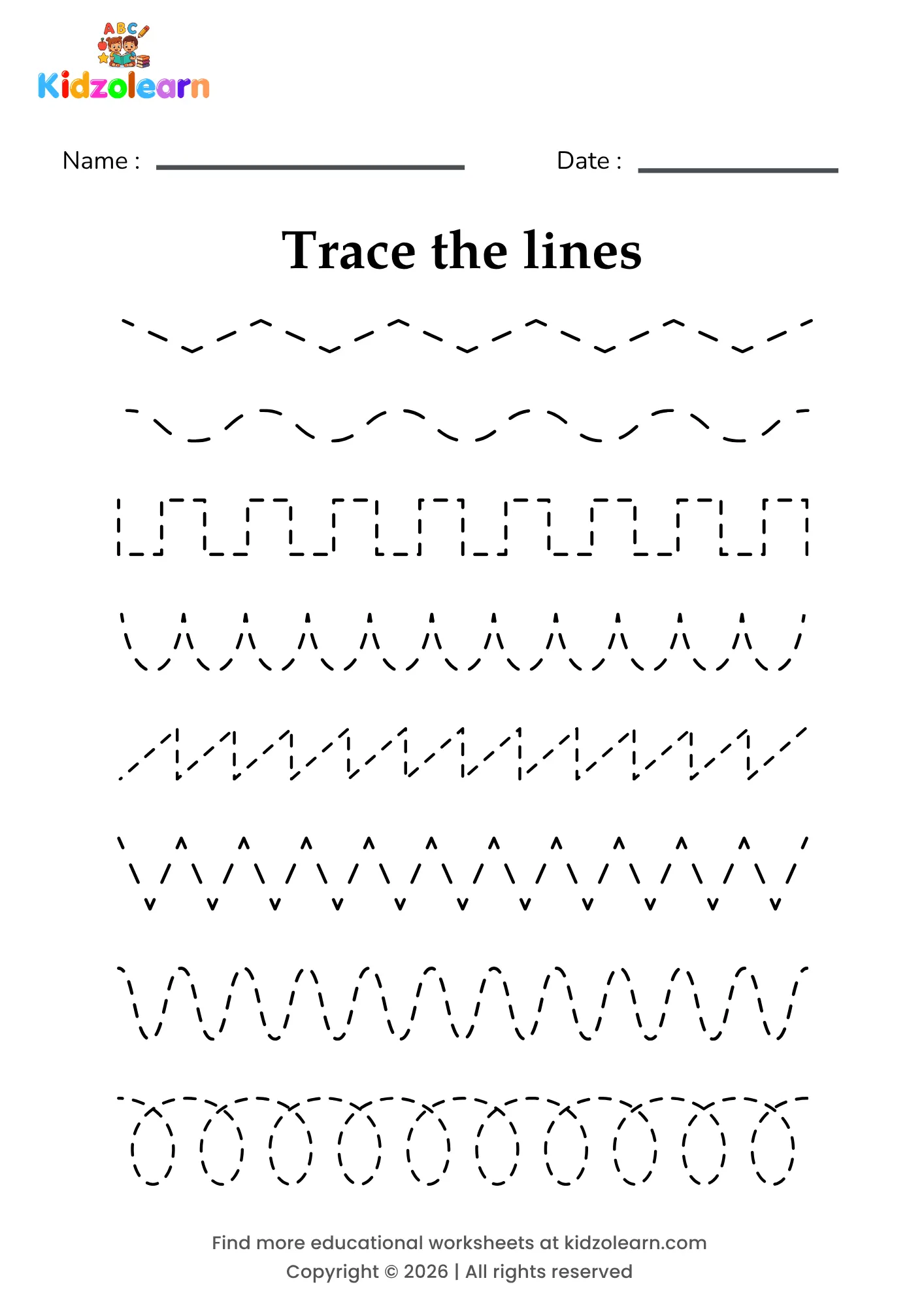 Free straight & curved line tracing worksheet for kids – printable PDF with four clearly labelled practice boxes — Horizontal Line, Diagonal Line, Curved Line and Straight Line and numbered dotted tracing lines