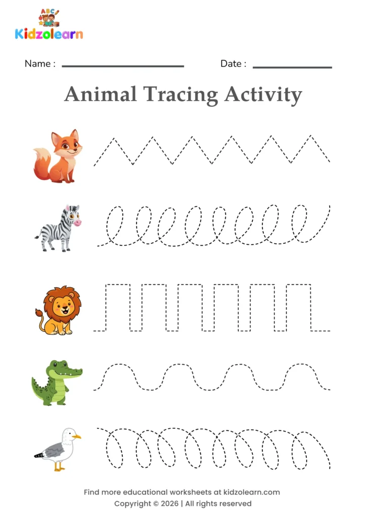 Free animal tracing worksheet for kids – printable PDF with a fox, a zebra, a lion, a crocodile and a seagull, each with its own dotted pattern strip and numbered dotted tracing lines