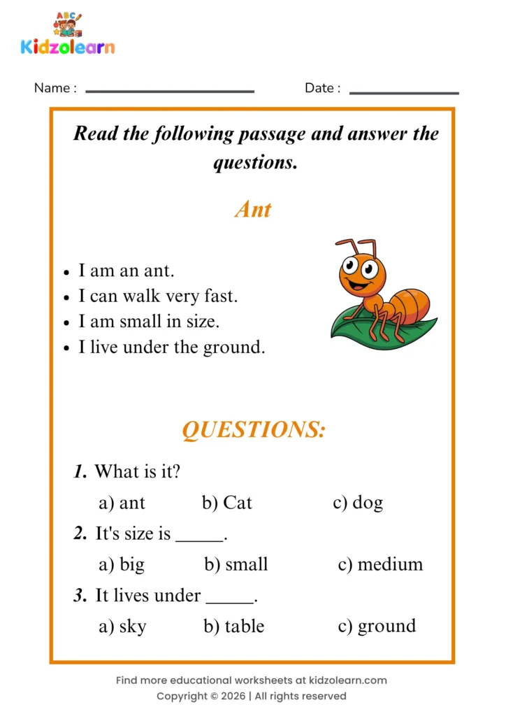 Free ant reading comprehension worksheet for kids – printable PDF with a short passage about ant and three multiple choice comprehension questions
