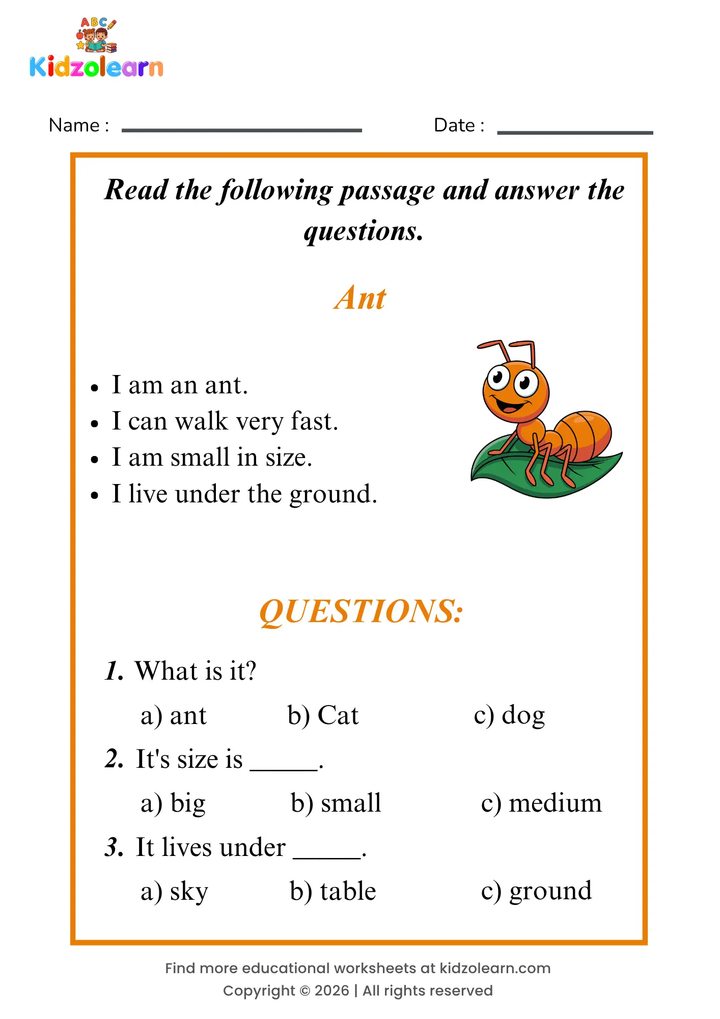 Free ant reading comprehension worksheet for kids – printable PDF with a short passage about ant and three multiple choice comprehension questions