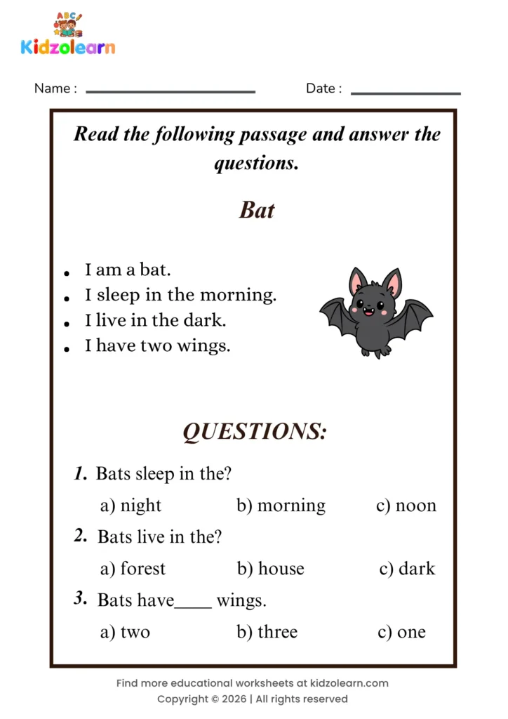 Free bat reading comprehension worksheet for kids – printable PDF with a short passage about bat and three multiple choice comprehension questions