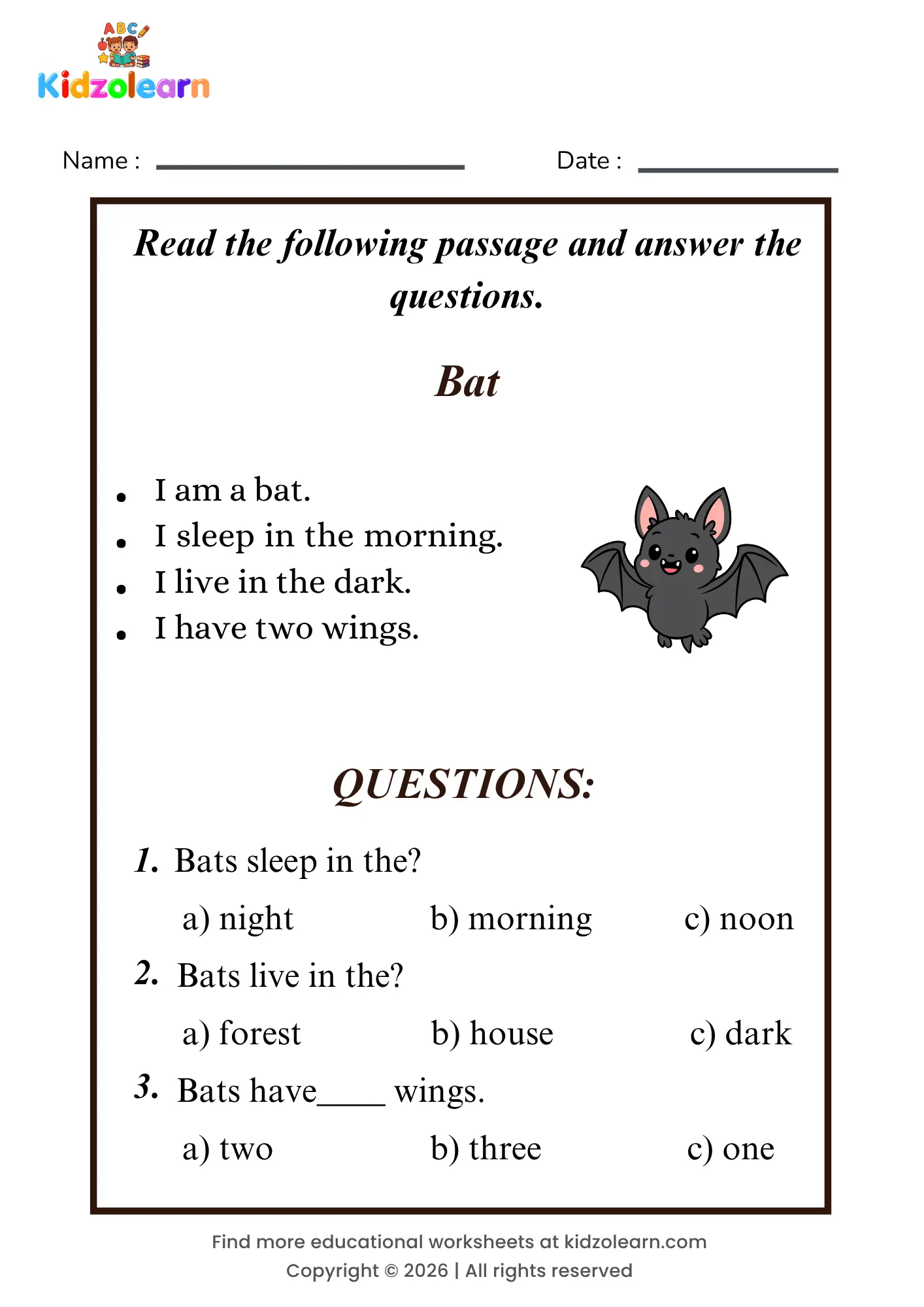 Free bat reading comprehension worksheet for kids – printable PDF with a short passage about bat and three multiple choice comprehension questions