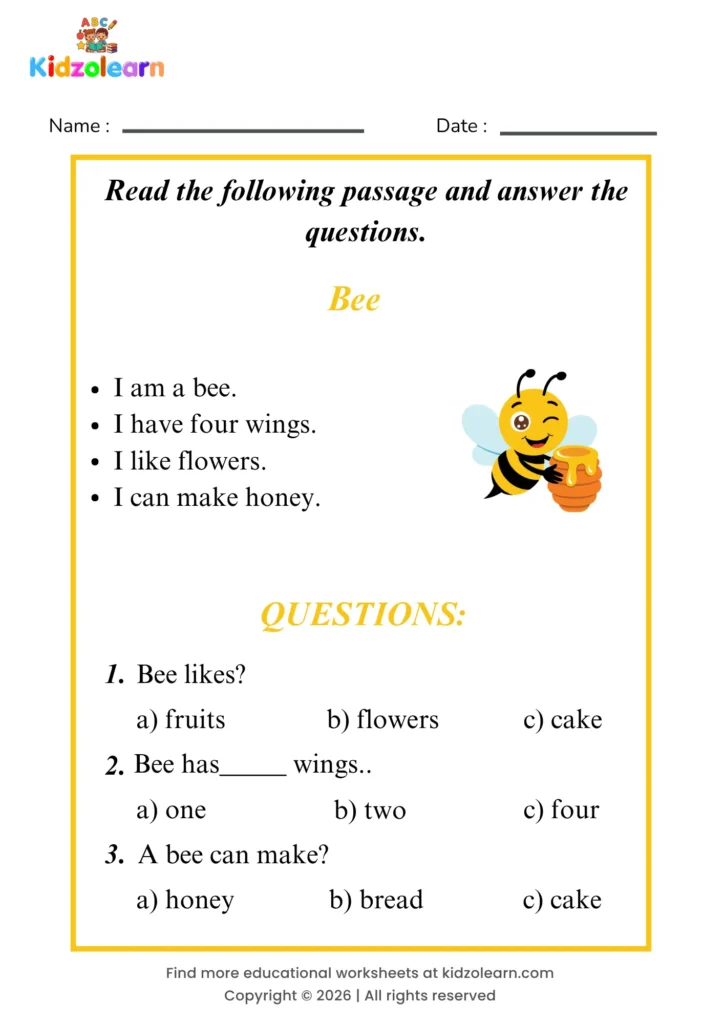 Free bee reading comprehension worksheet for kids – printable PDF with a short passage about bee and three multiple choice comprehension questions