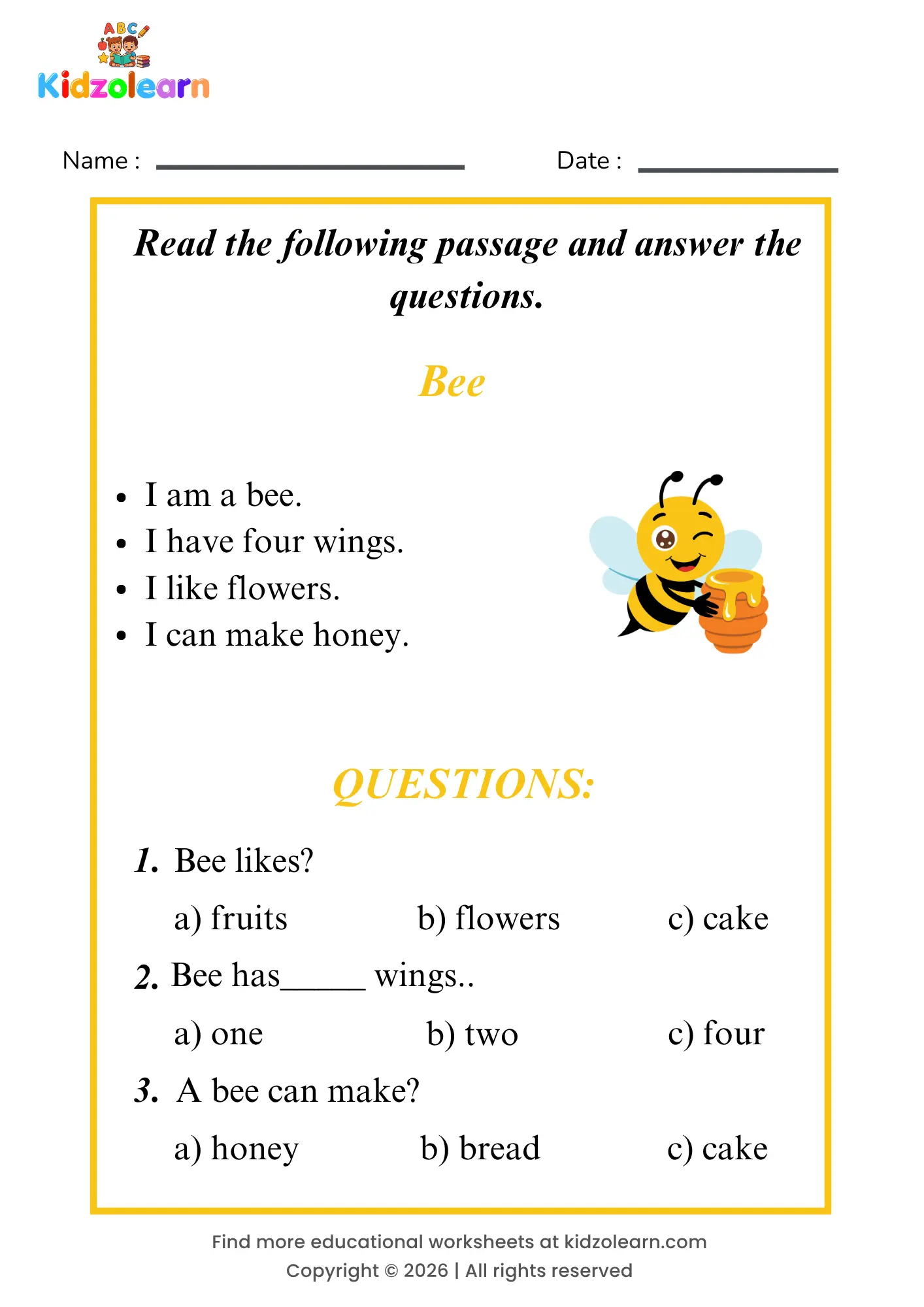Free bee reading comprehension worksheet for kids – printable PDF with a short passage about bee and three multiple choice comprehension questions
