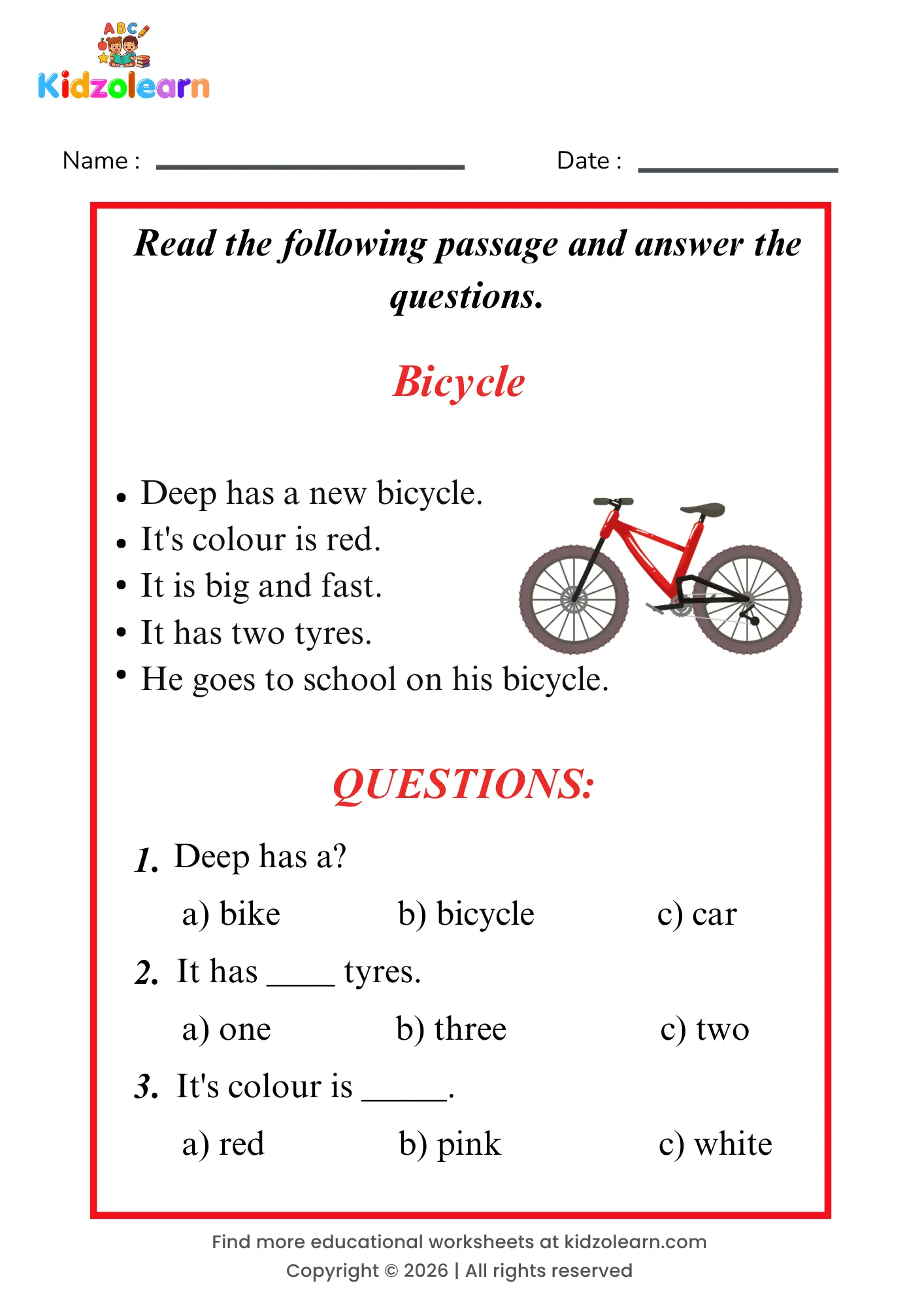 Free bicycle reading comprehension worksheet for kids – printable PDF with a short passage about bicycle and three multiple choice comprehension questions