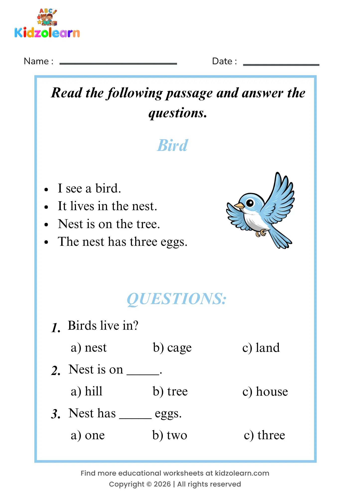 Free bird reading comprehension worksheet for kids – printable PDF with a short passage about bird and three multiple choice comprehension questions
