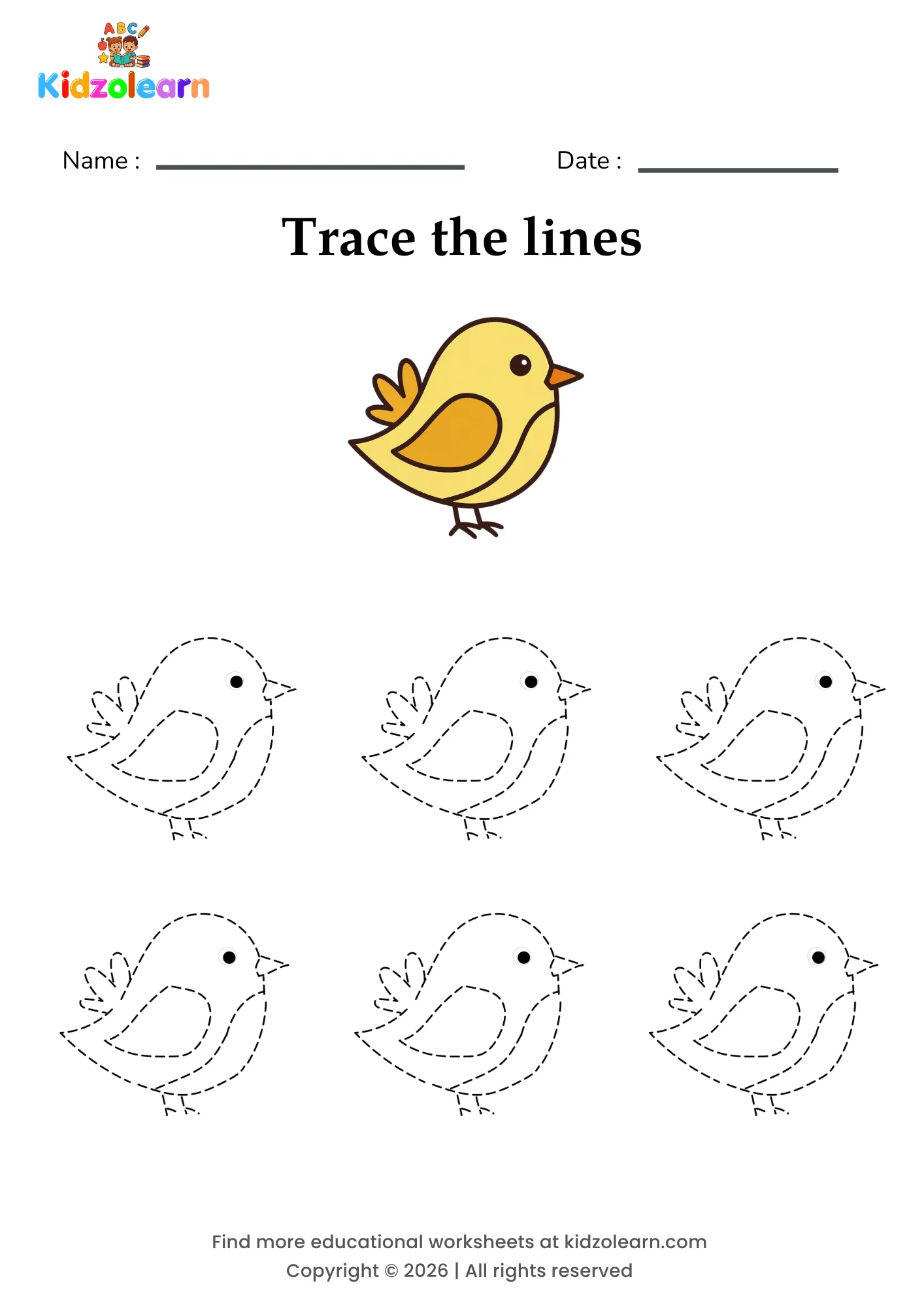 Free bird tracing worksheet for kids – printable PDF with six identical small birds with a folded wing and short beak and numbered dotted tracing lines