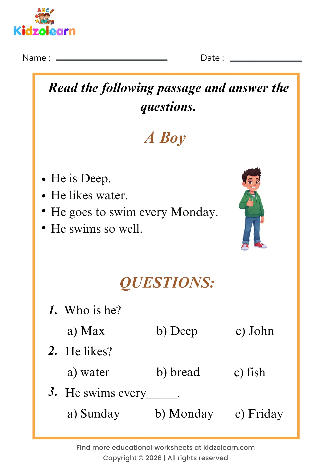 Free boy reading comprehension worksheet for kids – printable PDF with a short passage about a boy and three multiple choice comprehension questions