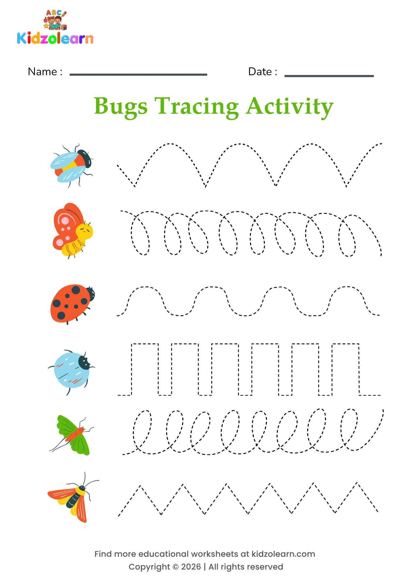 Free bugs tracing worksheet for kids – printable PDF with a fly, a butterfly-moth, a ladybug, a round beetle, a green moth and a firefly, each with its own dotted pattern strip and numbered dotted tracing lines