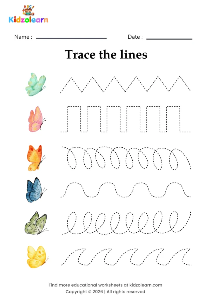 Free butterfly pattern tracing worksheet for kids – printable PDF with six colourful butterflies, each paired with its own dotted pattern strip and numbered dotted tracing lines