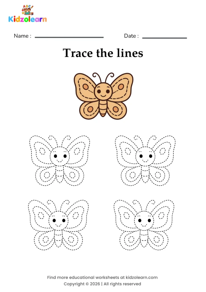 Free butterfly tracing worksheet for kids – printable PDF with four identical butterflies with patterned wings and curled antennae and numbered dotted tracing lines