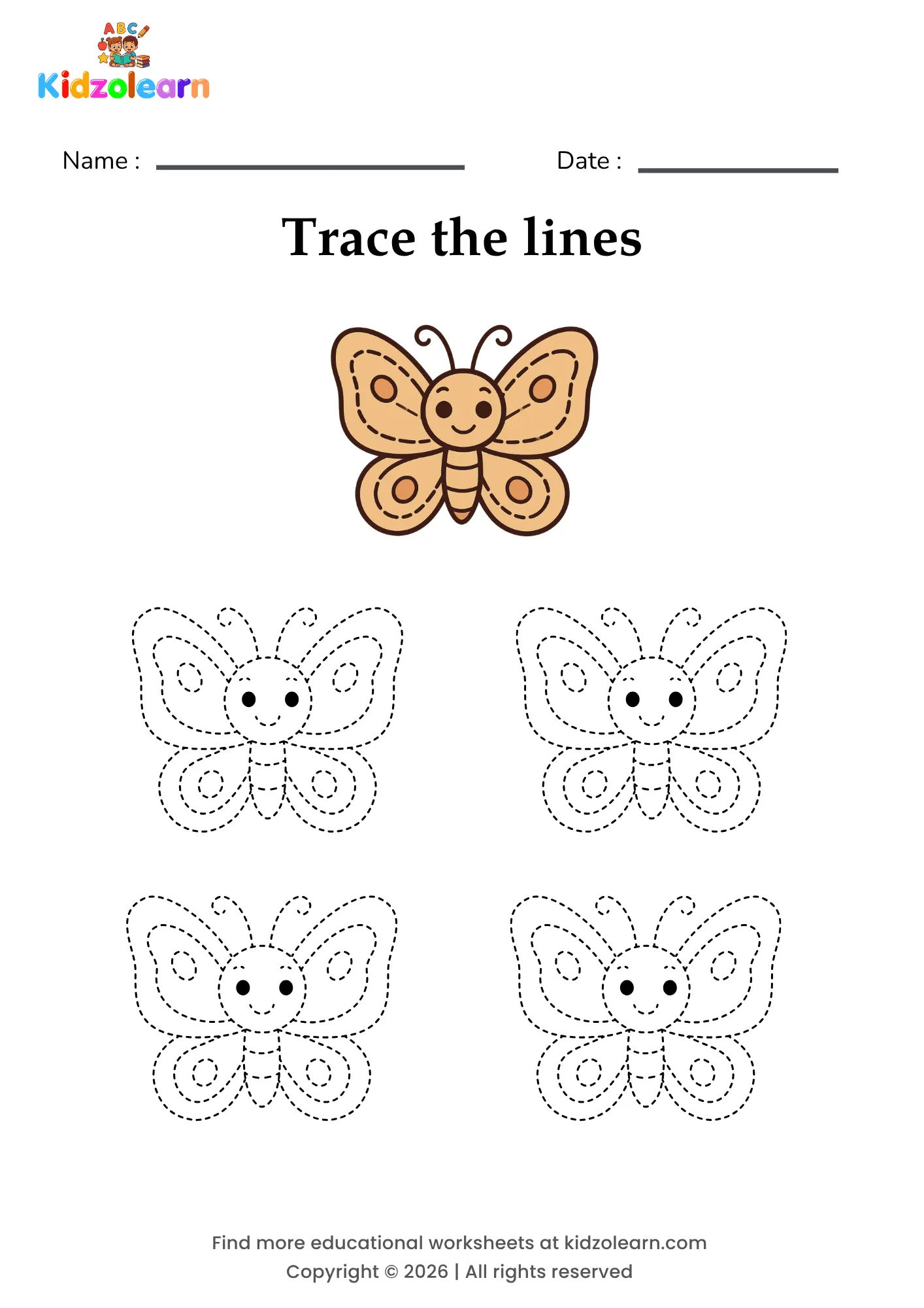 Free butterfly tracing worksheet for kids – printable PDF with four identical butterflies with patterned wings and curled antennae and numbered dotted tracing lines