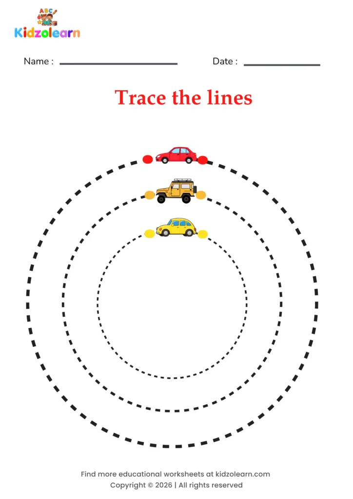 Free car circle tracing worksheet for kids – printable PDF with a red car, an orange jeep and a yellow car, each parked on its own dashed circular track and numbered dotted tracing lines