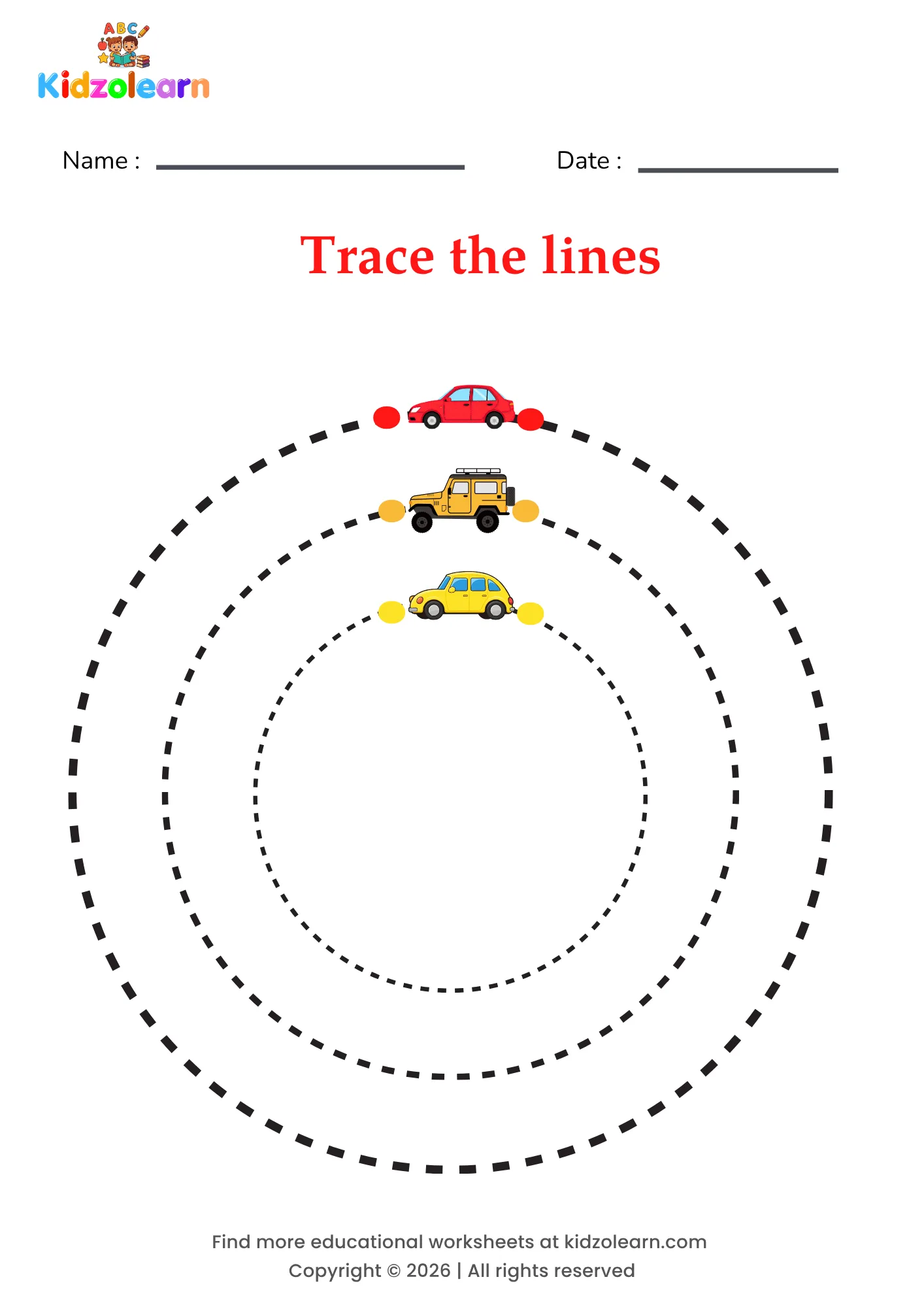 Free car circle tracing worksheet for kids – printable PDF with a red car, an orange jeep and a yellow car, each parked on its own dashed circular track and numbered dotted tracing lines