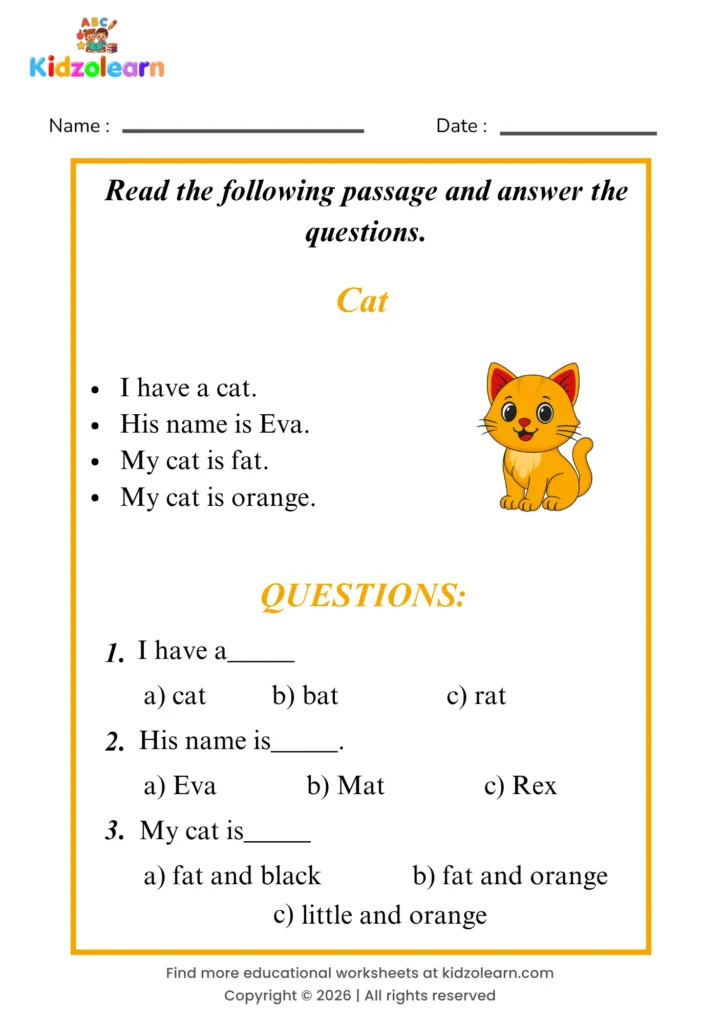 Free cat reading comprehension worksheet for kids – printable PDF with a short passage about cat and three multiple choice comprehension questions