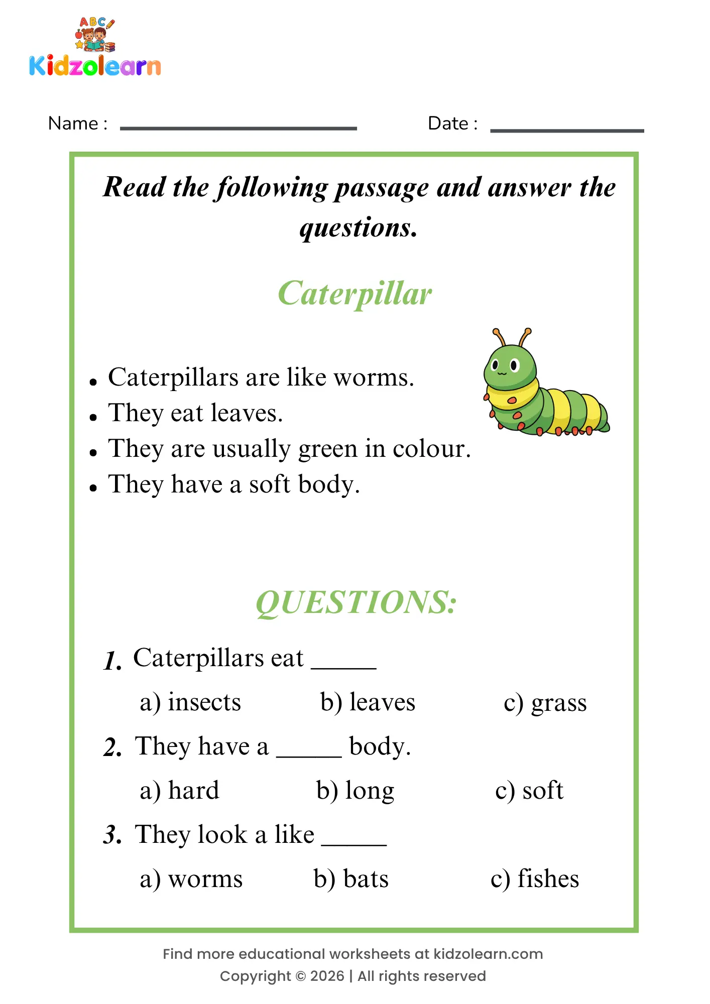 Free caterpillar reading comprehension worksheet for kids – printable PDF with a short passage about caterpillar and three multiple choice comprehension questions