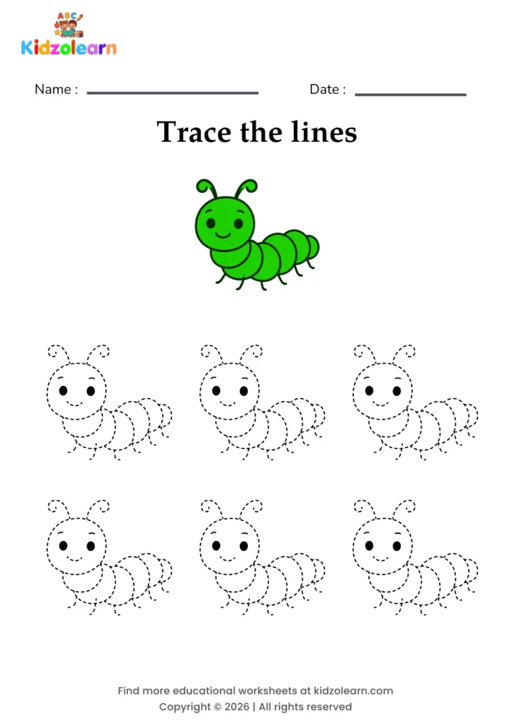 Free caterpillar tracing worksheet for kids – printable PDF with six identical smiling caterpillars with curled antennae and numbered dotted tracing lines