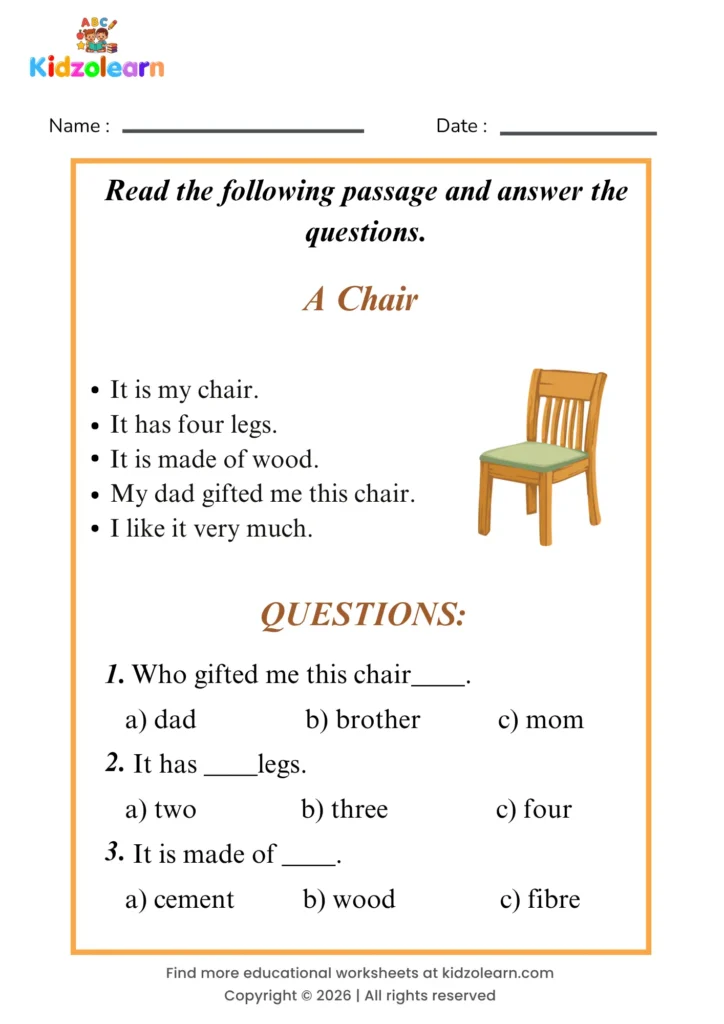 Free chair reading comprehension worksheet for kids – printable PDF with a short passage about chair and three multiple choice comprehension questions