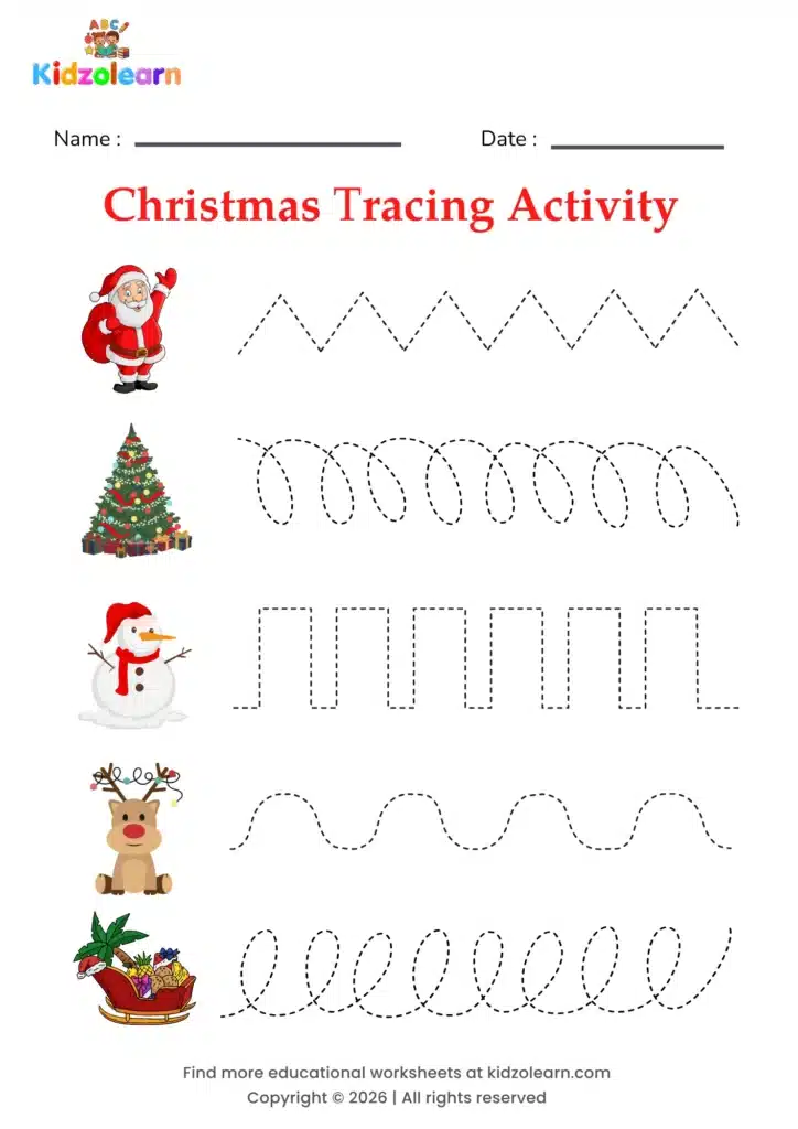 Free christmas tracing worksheet for kids – printable PDF with Santa, a decorated Christmas tree, a snowman, a reindeer and a loaded sleigh, each with its own dotted pattern strip and numbered dotted tracing lines