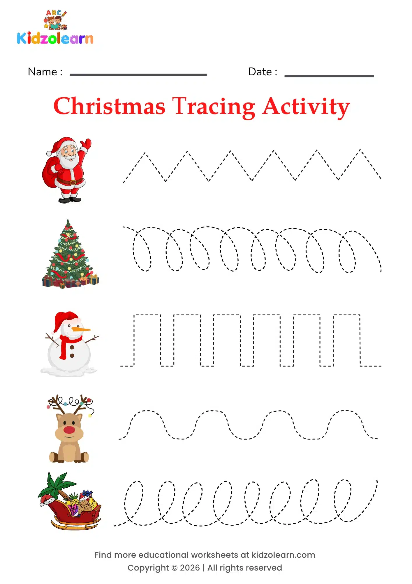Free christmas tracing worksheet for kids – printable PDF with Santa, a decorated Christmas tree, a snowman, a reindeer and a loaded sleigh, each with its own dotted pattern strip and numbered dotted tracing lines