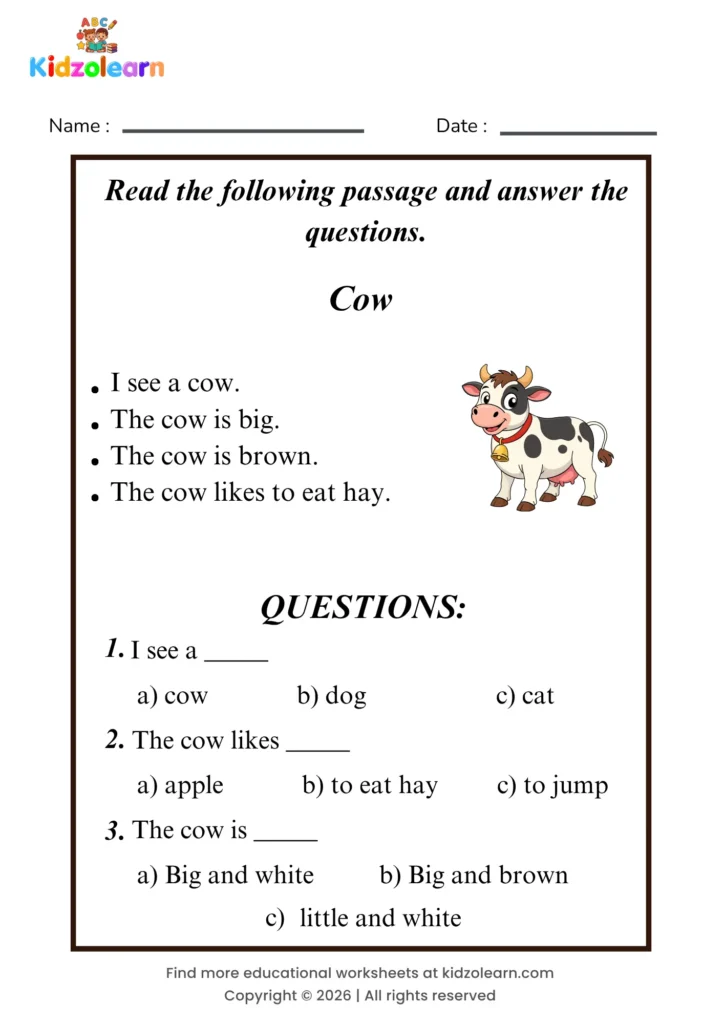 Free cow reading comprehension worksheet for kids – printable PDF with a short passage about cow and three multiple choice comprehension questions
