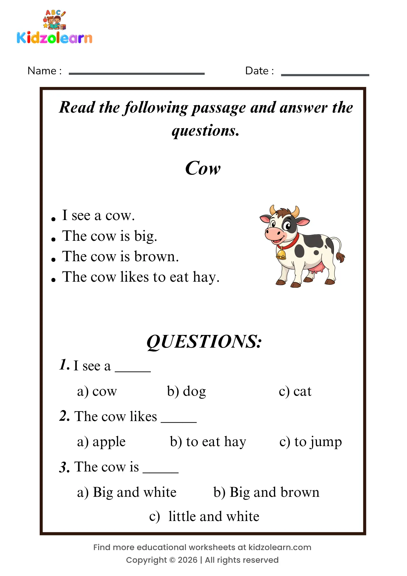 Free cow reading comprehension worksheet for kids – printable PDF with a short passage about cow and three multiple choice comprehension questions