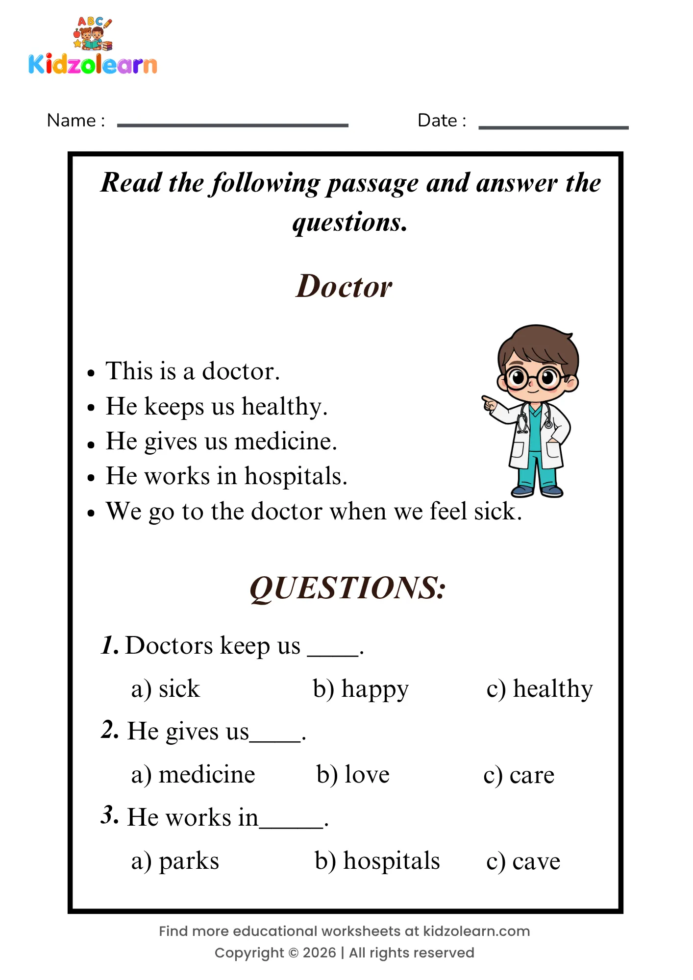 Free doctor reading comprehension worksheet for kids – printable PDF with a short passage about doctor and three multiple choice comprehension questions