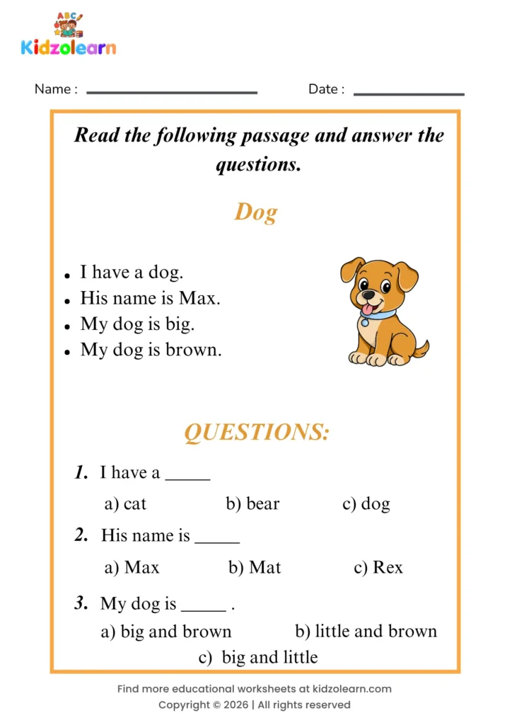 Free dog reading comprehension worksheet for kids – printable PDF with a short passage about dog and three multiple choice comprehension questions
